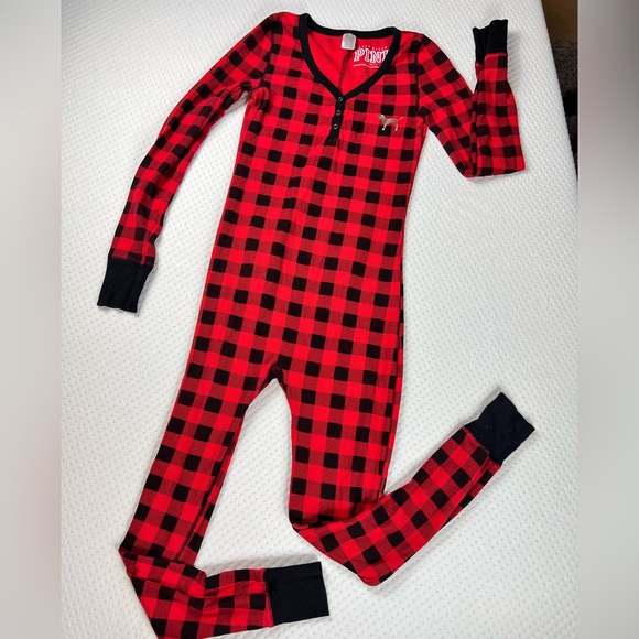 PINK Victoria's Secret Red and Black Plaid Long John’s onesie - Picture 1 of 8